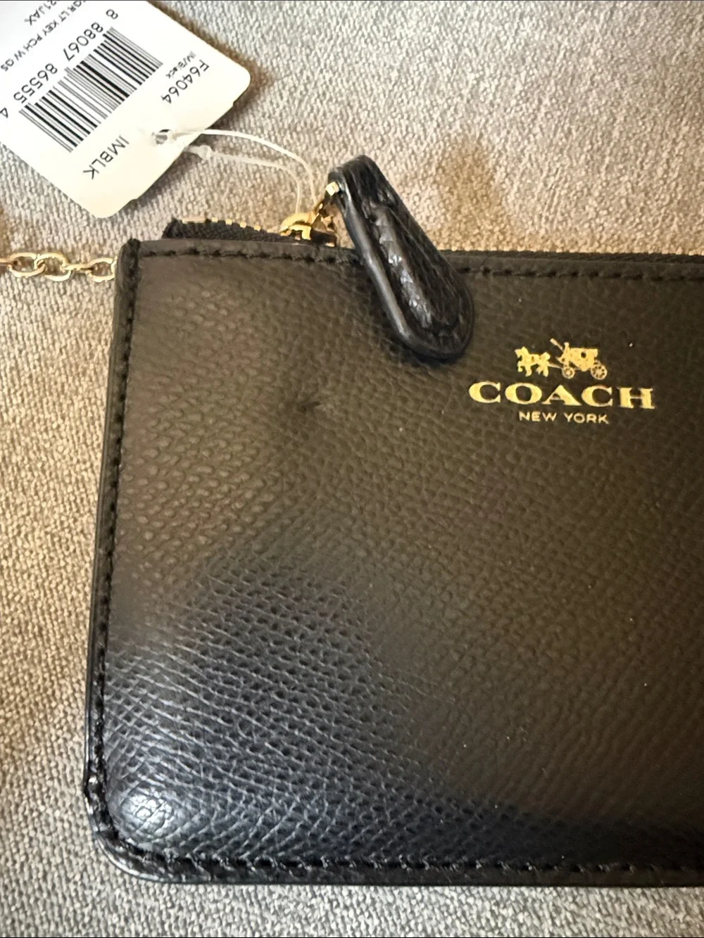 Coach Black Leather Zip Card Case with Gold Keyring